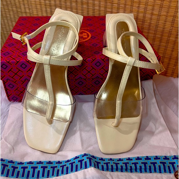 Tory Burch BLOCK T HEEL STRAPPY SANDAL Pale Yellow Size 7.5 (New in Box) $328 - Picture 2 of 11